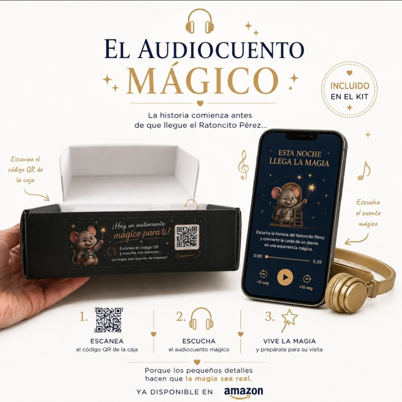 Audiocuento mágico AYRIE con QR en la caja y teléfono móvil