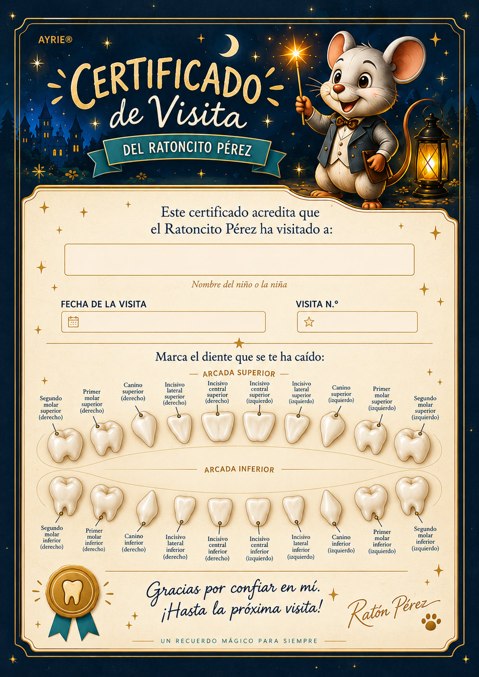 Certificado del Ratoncito Pérez AYRIE con las 20 piezas de leche
