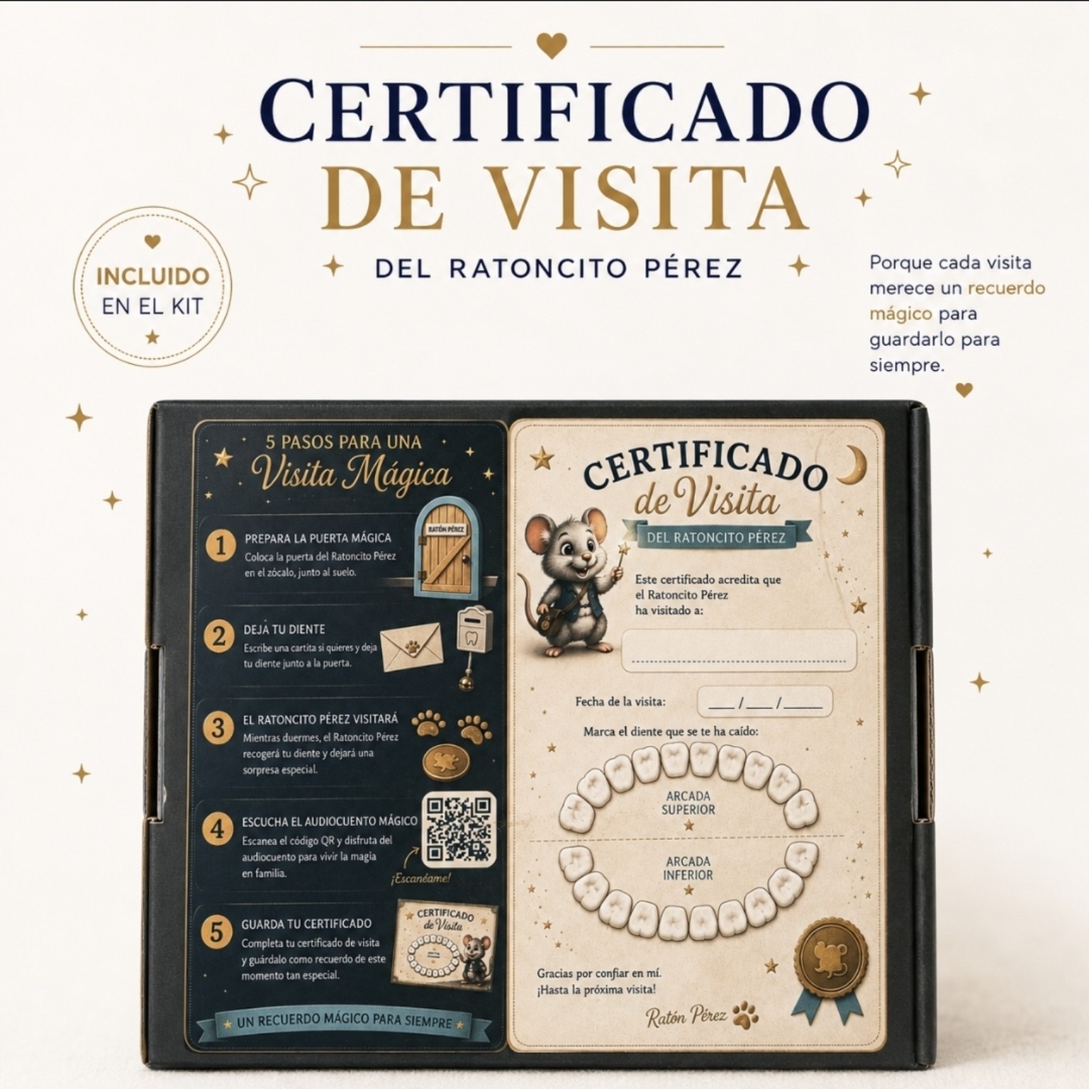 Certificado de visita del Ratoncito Pérez incluido en el reverso de la caja del kit AYRIE